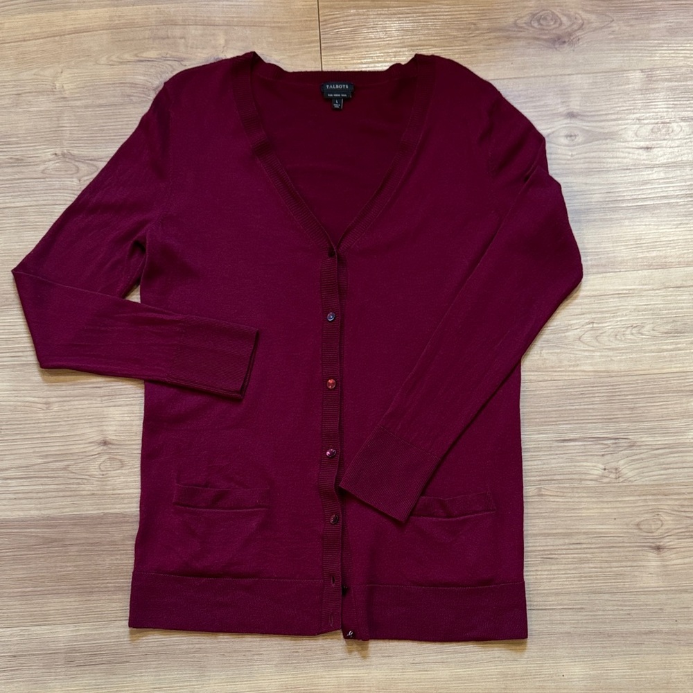 Talbots V-Neck Merino Wool Cardigan Sweater - Deep Burgundy